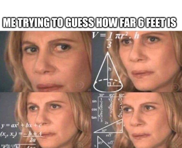 trying to guess how far 6 feet is | ME TRYING TO GUESS HOW FAR 6 FEET IS | image tagged in math lady/confused lady | made w/ Imgflip meme maker