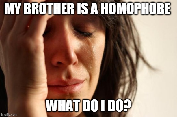 what do i do? | MY BROTHER IS A HOMOPHOBE; WHAT DO I DO? | image tagged in memes,first world problems | made w/ Imgflip meme maker