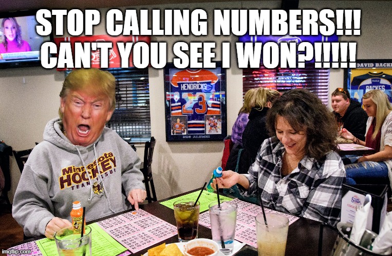 Trump Winning At Bingo | STOP CALLING NUMBERS!!!
CAN'T YOU SEE I WON?!!!!! | image tagged in trump,election 2020,cheater,cheating,fraud,sore loser | made w/ Imgflip meme maker