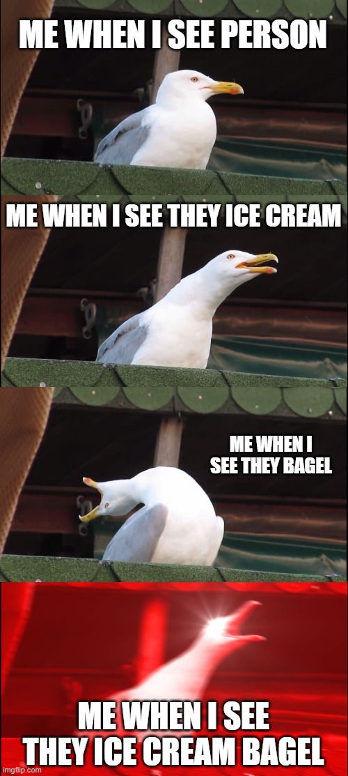 Inhaling Seagull Meme | ME WHEN I SEE PERSON; ME WHEN I SEE THEY ICE CREAM; ME WHEN I SEE THEY BAGEL; ME WHEN I SEE THEY ICE CREAM BAGEL | image tagged in memes,inhaling seagull | made w/ Imgflip meme maker