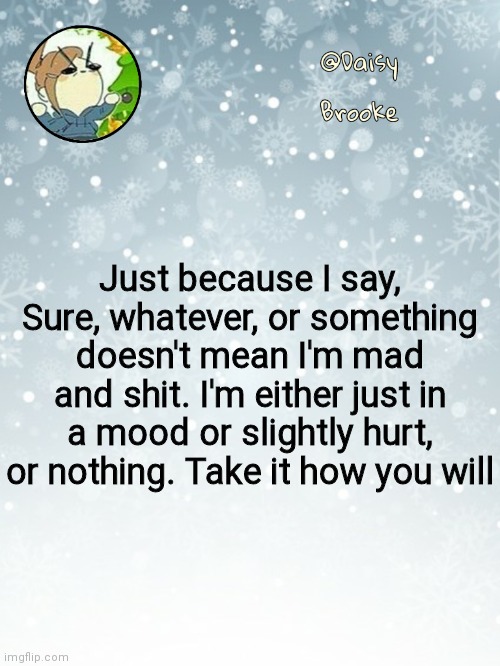 Unless there is context to what I'm saying | Just because I say, Sure, whatever, or something doesn't mean I'm mad and shit. I'm either just in a mood or slightly hurt, or nothing. Take it how you will | image tagged in daisy's christmas template | made w/ Imgflip meme maker