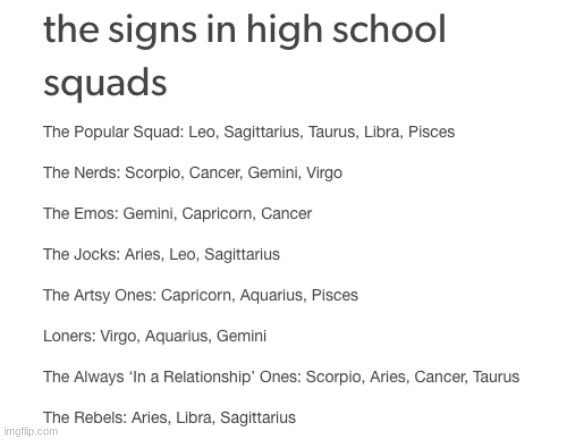 Zodiacs in highschool | image tagged in zodiac | made w/ Imgflip meme maker