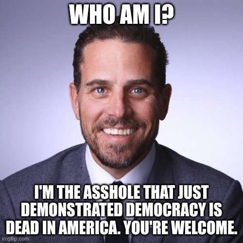 Freedom OF Choice is an ILLUSION | WHO AM I? I'M THE ASSHOLE THAT JUST DEMONSTRATED DEMOCRACY IS DEAD IN AMERICA. YOU'RE WELCOME. | image tagged in hunter biden,biden cheated,democracy is dead | made w/ Imgflip meme maker