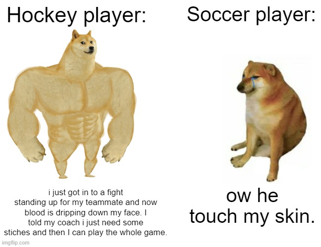 Buff Doge vs. Cheems | Hockey player:; Soccer player:; i just got in to a fight standing up for my teammate and now blood is dripping down my face. I told my coach i just need some stiches and then I can play the whole game. ow he touch my skin. | image tagged in memes,buff doge vs cheems | made w/ Imgflip meme maker
