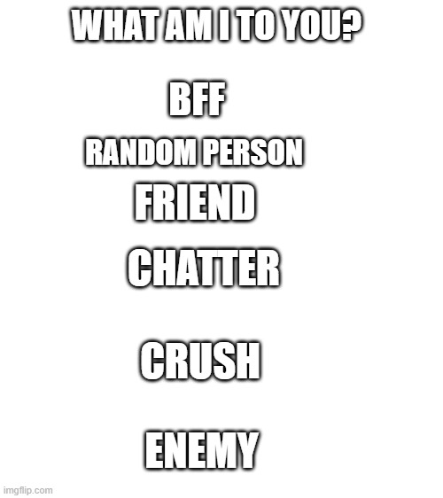 Please answer in the comments! | WHAT AM I TO YOU? BFF; RANDOM PERSON; FRIEND; CHATTER; CRUSH; ENEMY | image tagged in blank white template | made w/ Imgflip meme maker