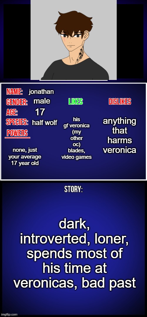 so yea | jonathan; male; his gf veronica (my other oc) blades, video games; anything that harms veronica; 17; half wolf; none, just your average 17 year old; dark, introverted, loner, spends most of his time at veronicas, bad past | image tagged in oc full showcase | made w/ Imgflip meme maker