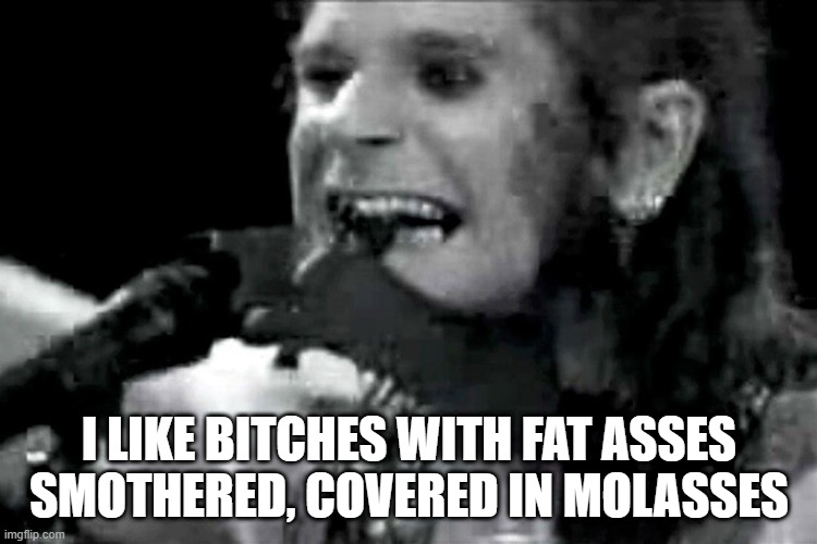 ozzy | I LIKE BITCHES WITH FAT ASSES
SMOTHERED, COVERED IN MOLASSES | image tagged in ozzy | made w/ Imgflip meme maker