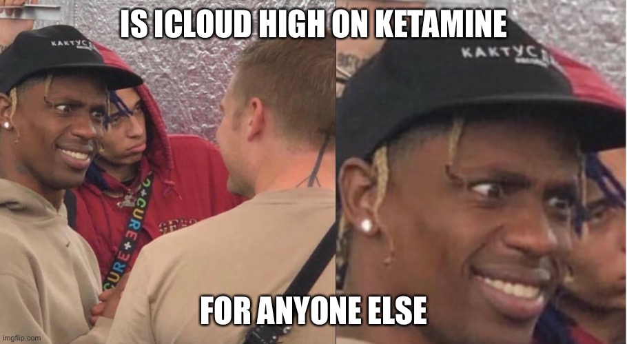 Is it just me? | IS ICLOUD HIGH ON KETAMINE; FOR ANYONE ELSE | image tagged in travis scott | made w/ Imgflip meme maker