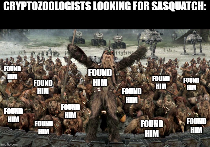 We Found Bigfoot | CRYPTOZOOLOGISTS LOOKING FOR SASQUATCH:; FOUND HIM; FOUND HIM; FOUND HIM; FOUND HIM; FOUND HIM; FOUND HIM; FOUND HIM; FOUND HIM; FOUND HIM; FOUND HIM; FOUND HIM | image tagged in star wars wookiee war | made w/ Imgflip meme maker