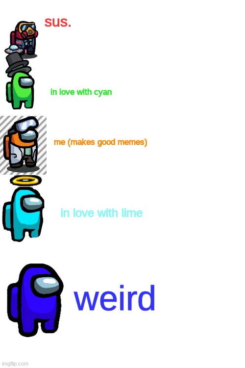 Blue is weird, I talk to him sometimes | sus. in love with cyan; me (makes good memes); in love with lime; weird | image tagged in blank white template,memes,funny,the _officials,epic | made w/ Imgflip meme maker