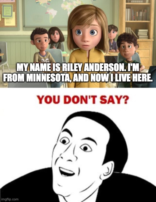 You Don't Say? | MY NAME IS RILEY ANDERSON. I'M FROM MINNESOTA, AND NOW I LIVE HERE. | image tagged in you dont say,inside out,funny,best,meme,captain obvious- you don't say | made w/ Imgflip meme maker