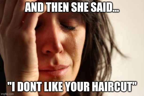 First World Problems | AND THEN SHE SAID... "I DONT LIKE YOUR HAIRCUT" | image tagged in memes,first world problems | made w/ Imgflip meme maker