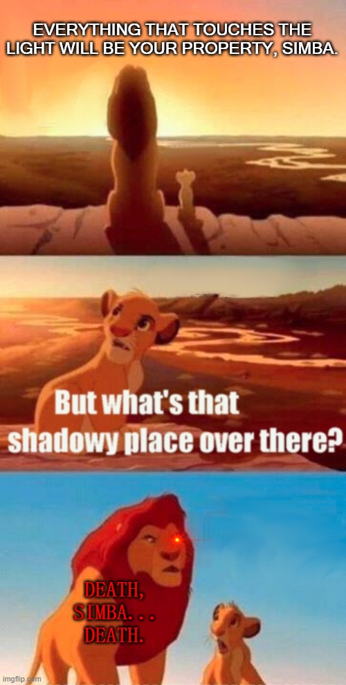 Simba Shadowy Place Meme | EVERYTHING THAT TOUCHES THE LIGHT WILL BE YOUR PROPERTY, SIMBA. DEATH, SIMBA... DEATH. | image tagged in memes,simba shadowy place | made w/ Imgflip meme maker
