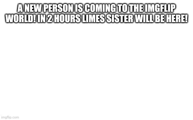 Limes sister will arrive here at 5:30 if I'm not busy! | A NEW PERSON IS COMING TO THE IMGFLIP WORLD! IN 2 HOURS LIMES SISTER WILL BE HERE! | image tagged in white screen,lime the triangle,limes sister | made w/ Imgflip meme maker