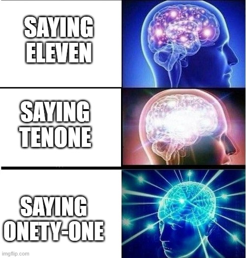 ⠀ | SAYING ELEVEN; SAYING TENONE; SAYING ONETY-ONE | image tagged in expanding brain 3 panels | made w/ Imgflip meme maker