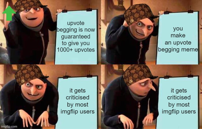 For those dirty upvote beggars out there... | you make an upvote begging meme; upvote begging is now guaranteed to give you 1000+ upvotes; it gets criticised by most imgflip users; it gets criticised by most imgflip users | image tagged in memes,gru's plan,upvote begging | made w/ Imgflip meme maker