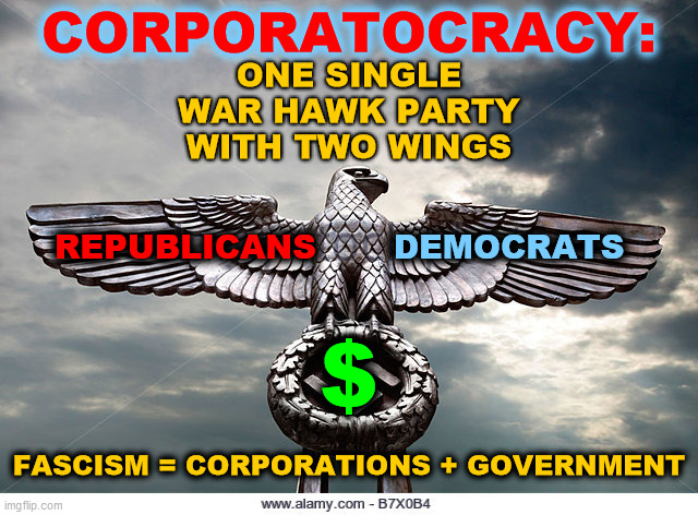 Corporatocracy... | CORPORATOCRACY:; ONE SINGLE
WAR HAWK PARTY
WITH TWO WINGS; REPUBLICANS; DEMOCRATS; $; FASCISM = CORPORATIONS + GOVERNMENT | image tagged in nazi eagle sculpture clutching a wreath with swastika,republicans,democrats,fascism,war hawk,government corruption | made w/ Imgflip meme maker