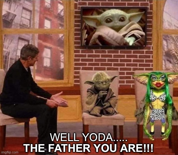 WELL YODA..... THE FATHER YOU ARE!!! | image tagged in yoda,baby yoda,you are the father,gremlins,star wars yoda,maury | made w/ Imgflip meme maker