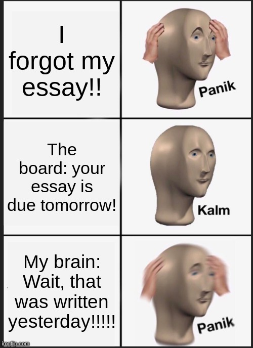Missint essay | I forgot my essay!! The board: your essay is due tomorrow! My brain: Wait, that was written yesterday!!!!! | image tagged in memes,panik kalm panik | made w/ Imgflip meme maker