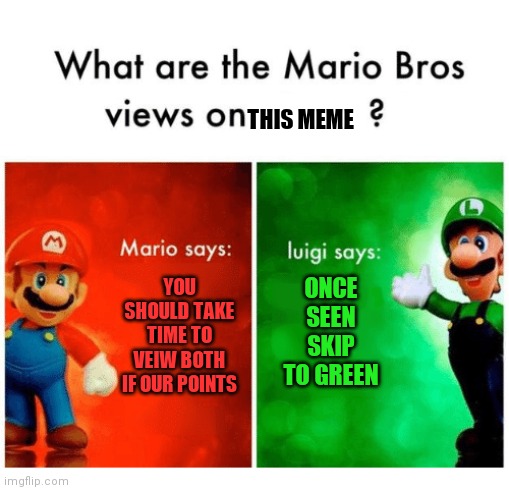 What are the Mario Bros views on  ? | THIS MEME YOU SHOULD TAKE TIME TO VEIW BOTH IF OUR POINTS ONCE SEEN SKIP TO GREEN | image tagged in what are the mario bros views on | made w/ Imgflip meme maker