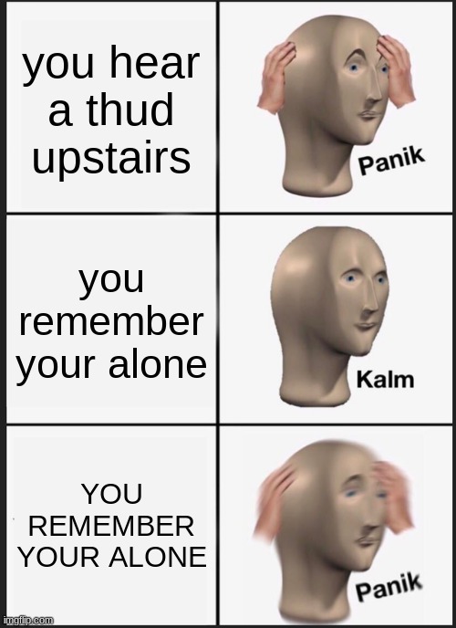 Panik Kalm Panik Meme | you hear a thud upstairs; you remember your alone; YOU REMEMBER YOUR ALONE | image tagged in memes,panik kalm panik | made w/ Imgflip meme maker