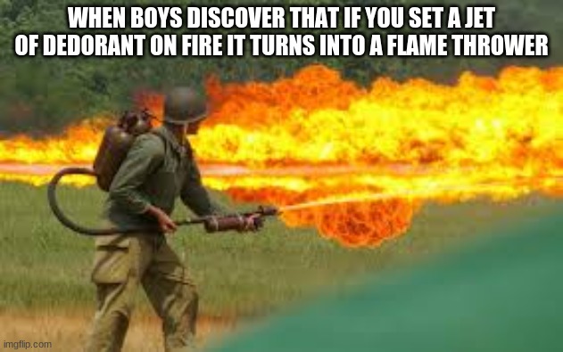 flame thrower | WHEN BOYS DISCOVER THAT IF YOU SET A JET OF DEDORANT ON FIRE IT TURNS INTO A FLAME THROWER | image tagged in school | made w/ Imgflip meme maker