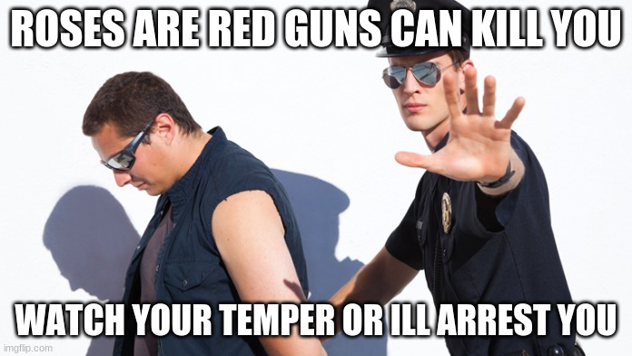 u know | ROSES ARE RED GUNS CAN KILL YOU; WATCH YOUR TEMPER OR ILL ARREST YOU | image tagged in cop arresting someone | made w/ Imgflip meme maker