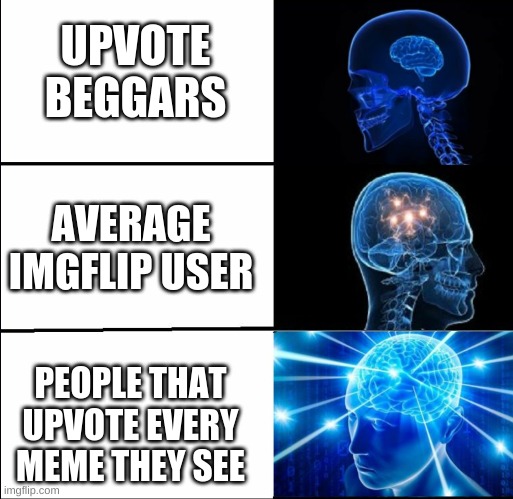 Upvotes make people happy. | UPVOTE BEGGARS; AVERAGE IMGFLIP USER; PEOPLE THAT UPVOTE EVERY MEME THEY SEE | image tagged in galaxy brain 3 brains | made w/ Imgflip meme maker