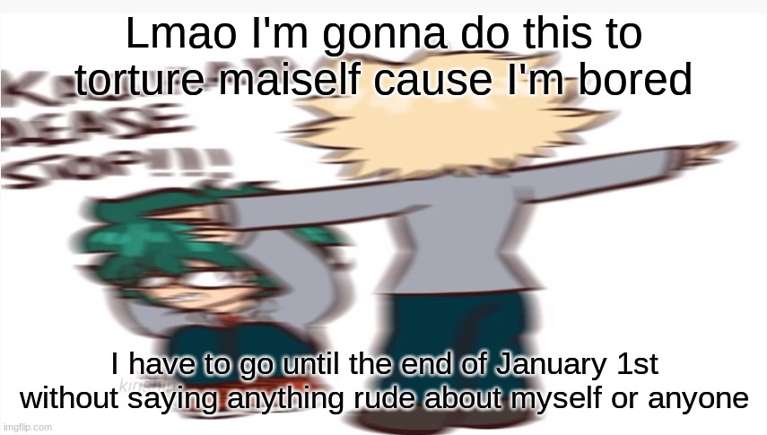 Who wants to bet that I can't go that long without doing shit like that? | Lmao I'm gonna do this to torture maiself cause I'm bored; I have to go until the end of January 1st without saying anything rude about myself or anyone | image tagged in kacchan please stop | made w/ Imgflip meme maker