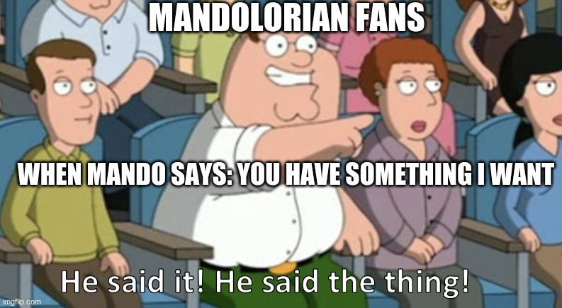Mandolorian Season 2 Chapter 7 | MANDOLORIAN FANS; WHEN MANDO SAYS: YOU HAVE SOMETHING I WANT | image tagged in he said the thing | made w/ Imgflip meme maker