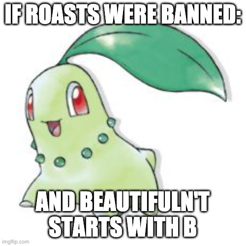Chikorita | IF ROASTS WERE BANNED: AND BEAUTIFULN'T STARTS WITH B | image tagged in chikorita | made w/ Imgflip meme maker