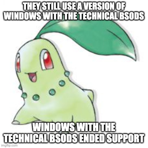 Chikorita | THEY STILL USE A VERSION OF WINDOWS WITH THE TECHNICAL BSODS WINDOWS WITH THE TECHNICAL BSODS ENDED SUPPORT | image tagged in chikorita | made w/ Imgflip meme maker