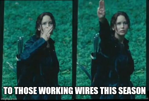 Katniss Respect | TO THOSE WORKING WIRES THIS SEASON | image tagged in katniss respect | made w/ Imgflip meme maker