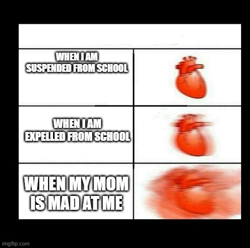 heart beating faster | WHEN I AM SUSPENDED FROM SCHOOL; WHEN I AM EXPELLED FROM SCHOOL; WHEN MY MOM IS MAD AT ME | image tagged in heart beating faster | made w/ Imgflip meme maker