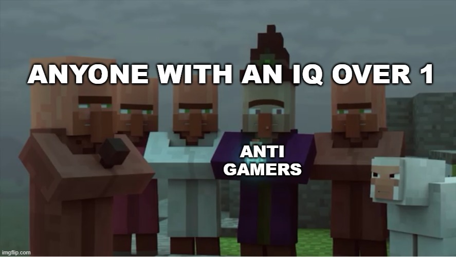 I hate anti gamers #5 | ANYONE WITH AN IQ OVER 1; ANTI GAMERS | image tagged in villager news pissed,gamer | made w/ Imgflip meme maker