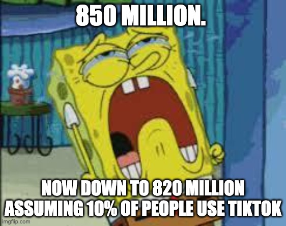 When You Just Lost Your Cell Phone.... | 850 MILLION. NOW DOWN TO 820 MILLION ASSUMING 10% OF PEOPLE USE TIKTOK | image tagged in when you just lost your cell phone | made w/ Imgflip meme maker