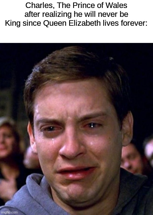 crying peter parker | Charles, The Prince of Wales after realizing he will never be King since Queen Elizabeth lives forever: | image tagged in crying peter parker | made w/ Imgflip meme maker