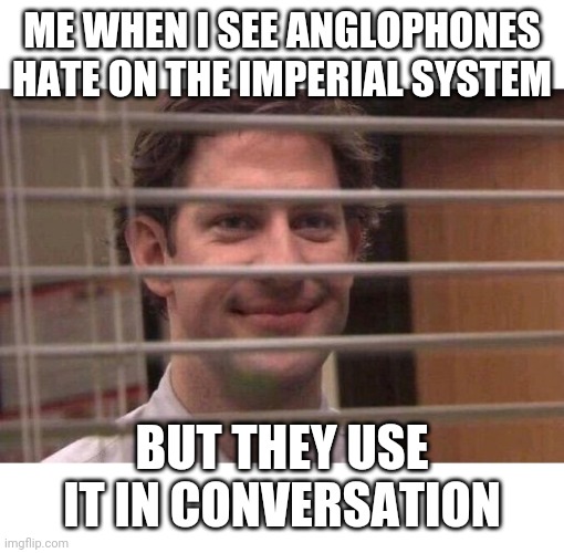 Imperial system rules | ME WHEN I SEE ANGLOPHONES HATE ON THE IMPERIAL SYSTEM; BUT THEY USE IT IN CONVERSATION | image tagged in jim office blinds | made w/ Imgflip meme maker
