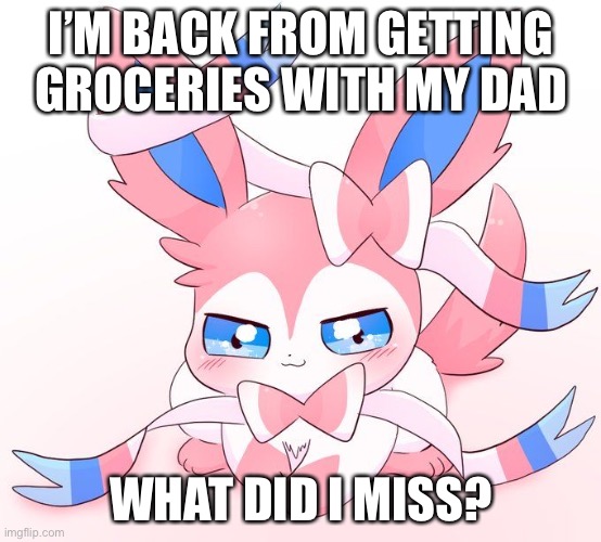 Sylveon | I’M BACK FROM GETTING GROCERIES WITH MY DAD; WHAT DID I MISS? | image tagged in sylveon | made w/ Imgflip meme maker