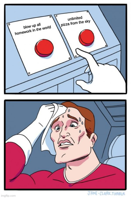 hard decisions | unlimited pizza from the sky; blow up all homework in the world | image tagged in memes,two buttons | made w/ Imgflip meme maker