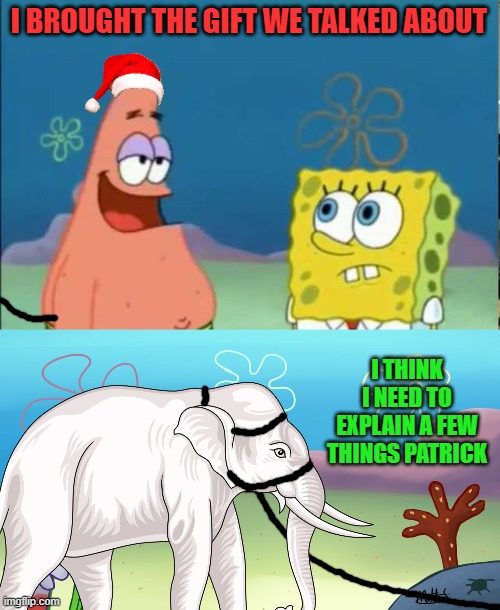 What color is YOUR elephant? Spongebob Christmas Weekend Dec 11-13 by Kraziness_all_the_way, EGOS, MeMe_BOMB1, 44colt & TD1437 | I BROUGHT THE GIFT WE TALKED ABOUT; I THINK I NEED TO EXPLAIN A FEW THINGS PATRICK | image tagged in spongebob christmas weekend,kraziness_all_the_way,egos,meme_bomb1,44colt,td1437 | made w/ Imgflip meme maker