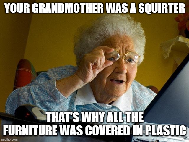 Nasty Granny | YOUR GRANDMOTHER WAS A SQUIRTER; THAT'S WHY ALL THE FURNITURE WAS COVERED IN PLASTIC | image tagged in memes,grandma finds the internet | made w/ Imgflip meme maker