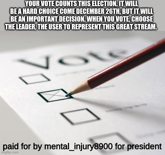 vote | YOUR VOTE COUNTS THIS ELECTION. IT WILL BE A HARD CHOICE COME DECEMBER 26TH, BUT IT WILL BE AN IMPORTANT DECISION. WHEN YOU VOTE, CHOOSE THE LEADER, THE USER TO REPRESENT THIS GREAT STREAM. paid for by mental_injury8900 for president | image tagged in voting ballot | made w/ Imgflip meme maker
