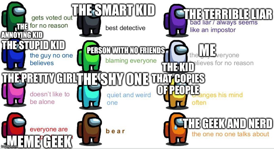 The class | THE ANNOYING KID; THE TERRIBLE LIAR; THE SMART KID; THE STUPID KID; PERSON WITH NO FRIENDS; ME; THE KID THAT COPIES OF PEOPLE; THE SHY ONE; THE PRETTY GIRL; MEME GEEK; THE GEEK AND NERD | image tagged in different among us player colors | made w/ Imgflip meme maker