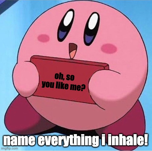 Kirby holding a sign | oh, so you like me? name everything i inhale! | image tagged in kirby holding a sign | made w/ Imgflip meme maker