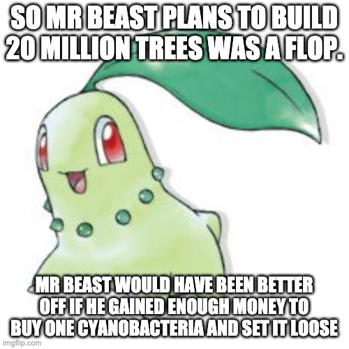 Chikorita | SO MR BEAST PLANS TO BUILD 20 MILLION TREES WAS A FLOP. MR BEAST WOULD HAVE BEEN BETTER OFF IF HE GAINED ENOUGH MONEY TO BUY ONE CYANOBACTER | image tagged in chikorita | made w/ Imgflip meme maker