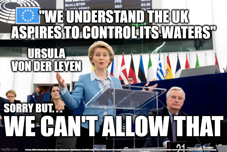 Ursula von der Leyen - Brexit | "WE UNDERSTAND THE UK ASPIRES TO CONTROL ITS WATERS"; URSULA VON DER LEYEN; WE CAN'T ALLOW THAT; SORRY BUT. . . #Labour #NHS #LabourLeader #wearecorbyn #KeirStarmer #AngelaRayner #Covid19 #cultofcorbyn #labourisdead #testandtrace #Momentum #coronavirus #socialistsunday #captainHindsight #nevervotelabour #Carpingfromsidelines #socialistanyday | image tagged in boris,brexit,fishing,eu,ursula von der leyen | made w/ Imgflip meme maker