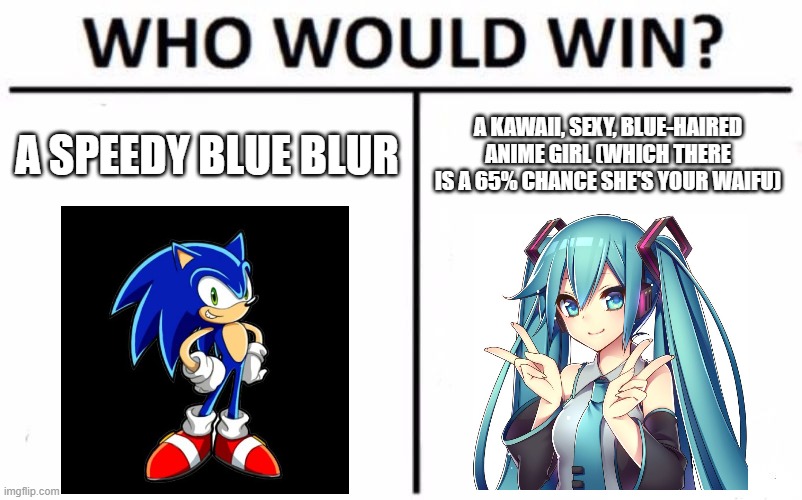 LOL Sega be like: | A SPEEDY BLUE BLUR; A KAWAII, SEXY, BLUE-HAIRED ANIME GIRL (WHICH THERE IS A 65% CHANCE SHE'S YOUR WAIFU) | image tagged in memes,who would win,sonic the hedgehog,hatsune miku | made w/ Imgflip meme maker