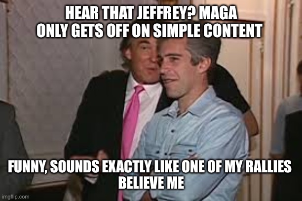 HEAR THAT JEFFREY? MAGA ONLY GETS OFF ON SIMPLE CONTENT FUNNY, SOUNDS EXACTLY LIKE ONE OF MY RALLIES 
BELIEVE ME | made w/ Imgflip meme maker