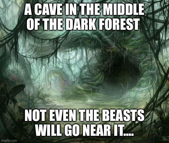 A CAVE IN THE MIDDLE OF THE DARK FOREST; NOT EVEN THE BEASTS WILL GO NEAR IT.... | made w/ Imgflip meme maker
